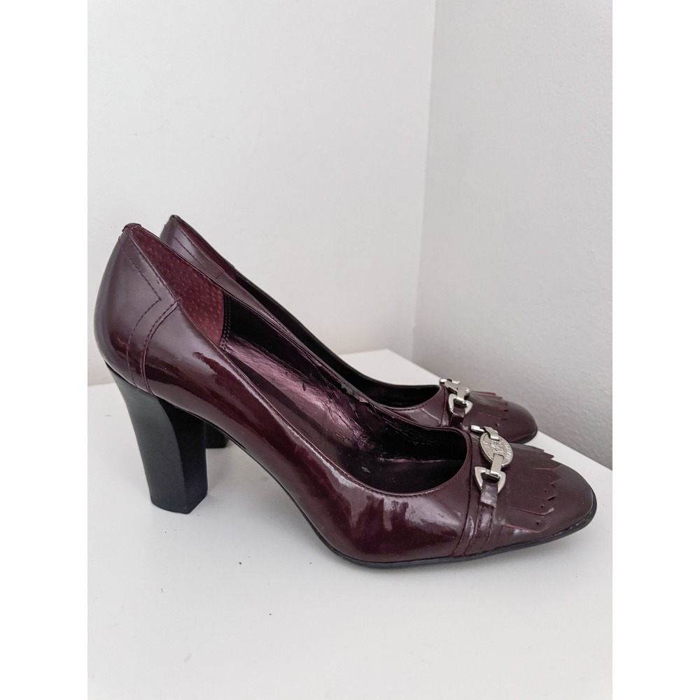 Anne Klein iFlex Burgundy Patent Leather Kiltie Fringe Block Heel Pumps 8.5M - Picture 3 of 8